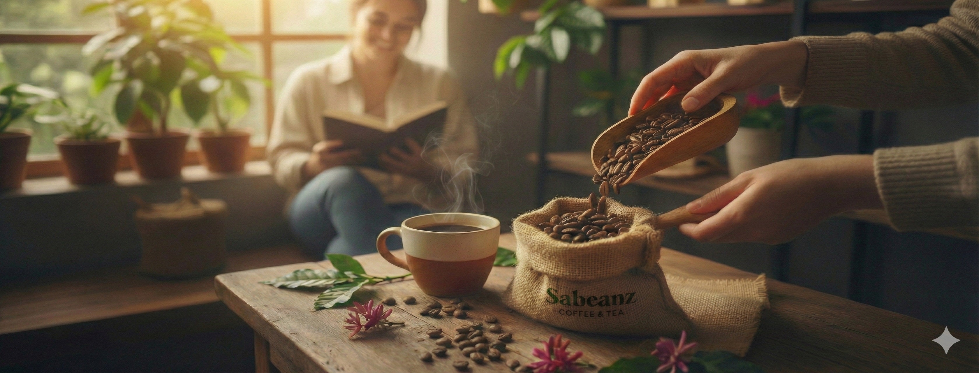 Person pouring coffee beans into a Sabeanz coffee bag with a woman reading a book in the background.