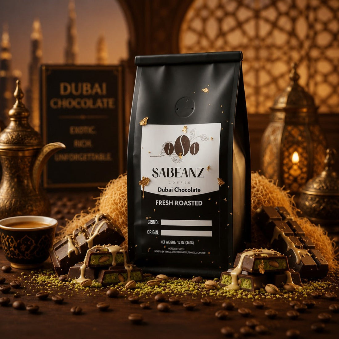 Dubai Chocolate: Blend Medium Roast Coffee Ground/Whole Bean - Multiple Sizes - Exotic Chocolate Flavor - Sabeanz Coffee & Tea