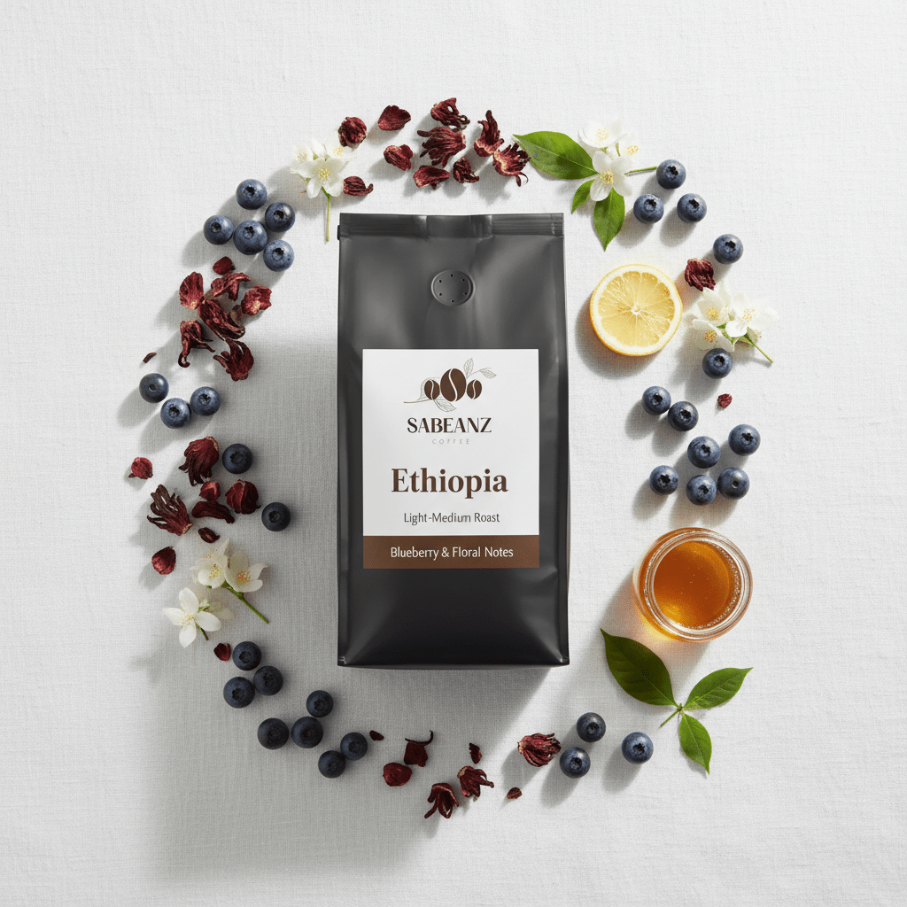 Ethiopia: Ethiopia Washed Light - Medium Roast Coffee Ground/Whole Bean - Multiple Sizes - Blueberry Floral Notes - Sabeanz Coffee & Tea