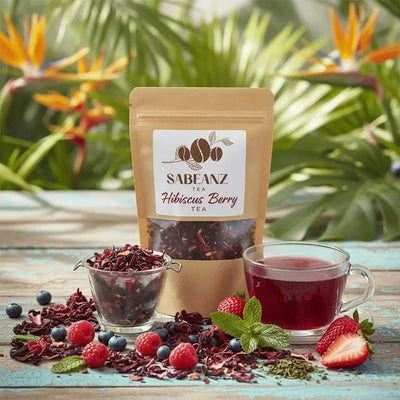 Hibiscus Berry Tea: Caffeine - Free Herbal Tea Loose Leaf - 3oz - Antioxidant Berry Blend - Sabeanz Coffee & Tea